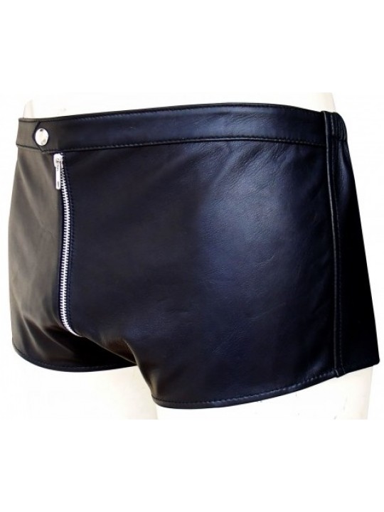 Men One Way Front To Back Zip Closure Real Sheepskin Black Leather Shorts