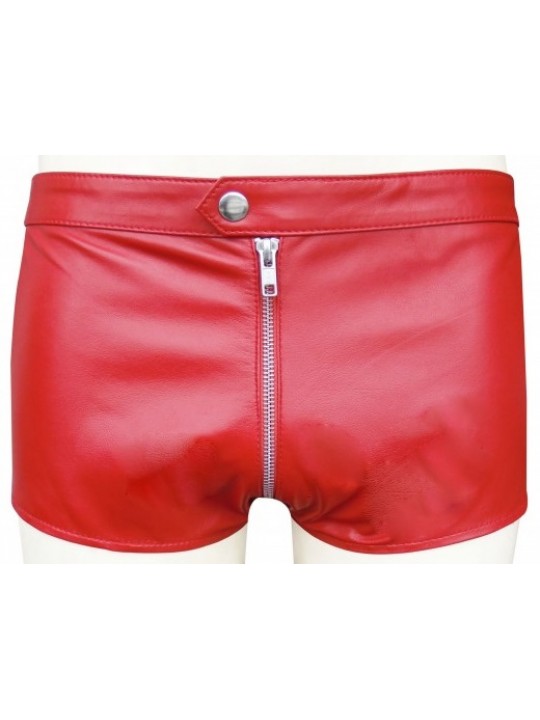 Men One Way Front To Back Zip Closure Real Sheepskin Red Leather Shorts