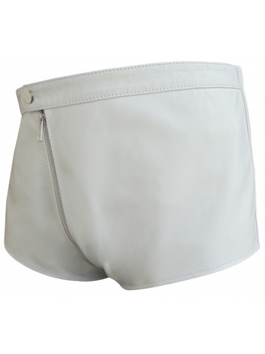 Men One Way Front To Back Zip Closure Real Sheepskin White Leather Shorts