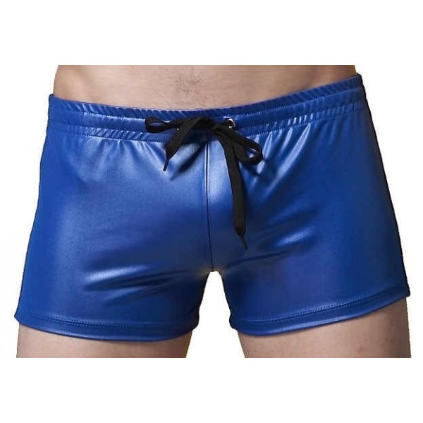 Men Sexy Hot Real Sheepskin Blue Leather Shorts