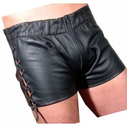 Men Side Lace Up Sexy  Real Sheepskin Black Leather Shorts 
