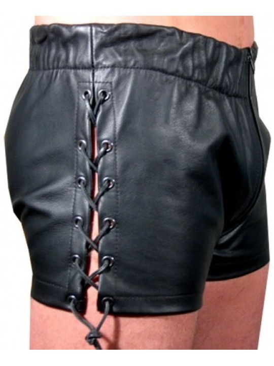 Men Side Lace Up Sexy  Real Sheepskin Black Leather Shorts