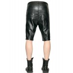 Men Zip Elastic Waistband Genuine Lambskin Black Leather Shorts