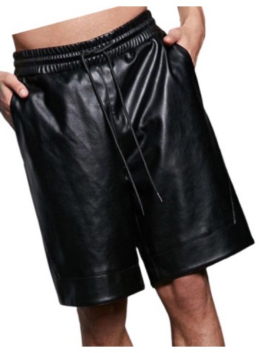 Mens Comfort Fit Real Sheepskin Black Leather Bermuda Shorts