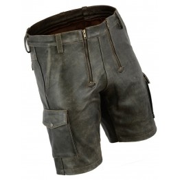 Mens Double Front Zipper Antique Leather Cargo Shorts