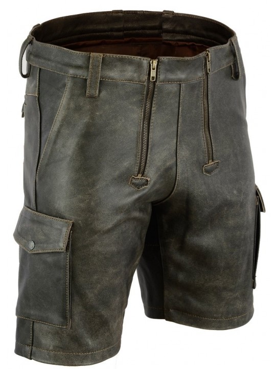 Mens Double Front Zipper Antique Leather Cargo Shorts