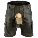 Mens Double Front Zipper Antique Leather Cargo Shorts With Red Looping