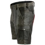 Mens Double Front Zipper Antique Leather Cargo Shorts With Red Looping