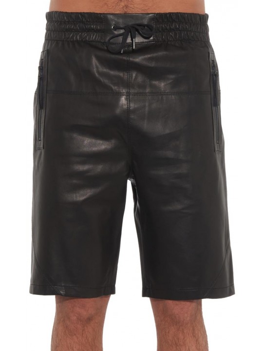 Mens Elastic With Drawstring Waist Real Sheepskin Black Leather Shorts