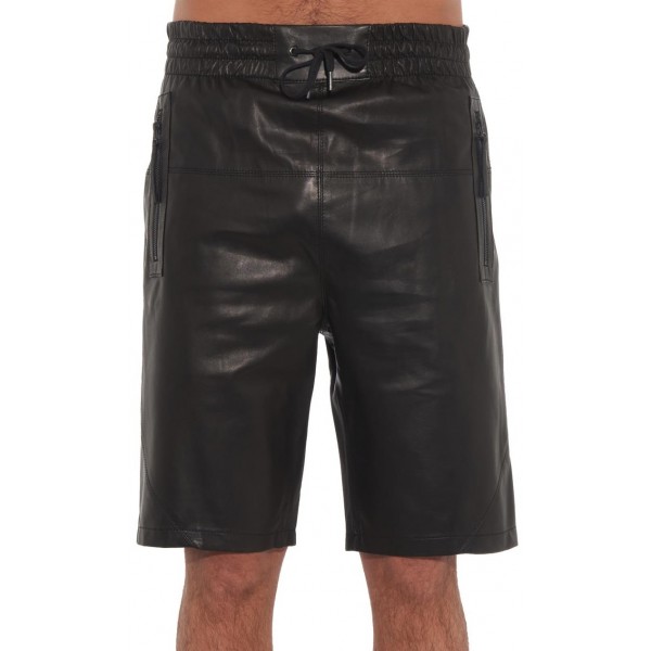 Mens Elastic With Drawstring Waist Real Sheepskin Black Leather Shorts