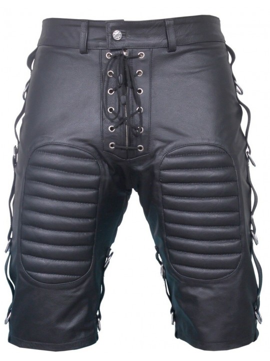 Mens Front Lace Up Quilted Real Sheepskin Black Leather Shorts