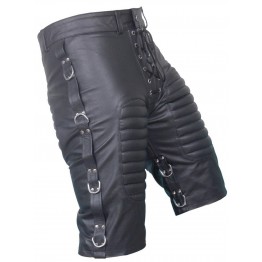 Mens Front Lace Up Quilted Real Sheepskin Black Leather Shorts 