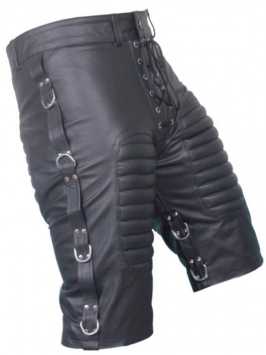 Mens Front Lace Up Quilted Real Sheepskin Black Leather Shorts
