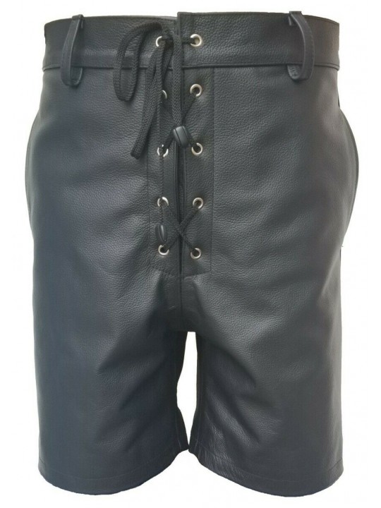 Mens Front Lace Up Real Sheepskin Black Leather Shorts
