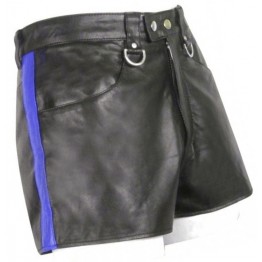 Mens Hot Blue Strip Real Sheepskin Black Leather Shorts