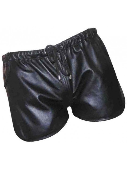 Mens Hot Elastic Waist Real Sheepskin Black Leather Shorts