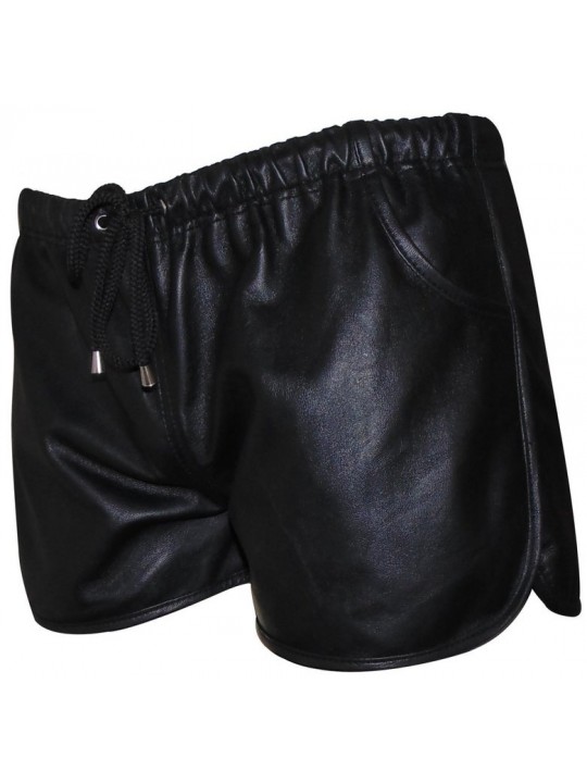 Mens Hot Elastic Waist Real Sheepskin Black Leather Shorts
