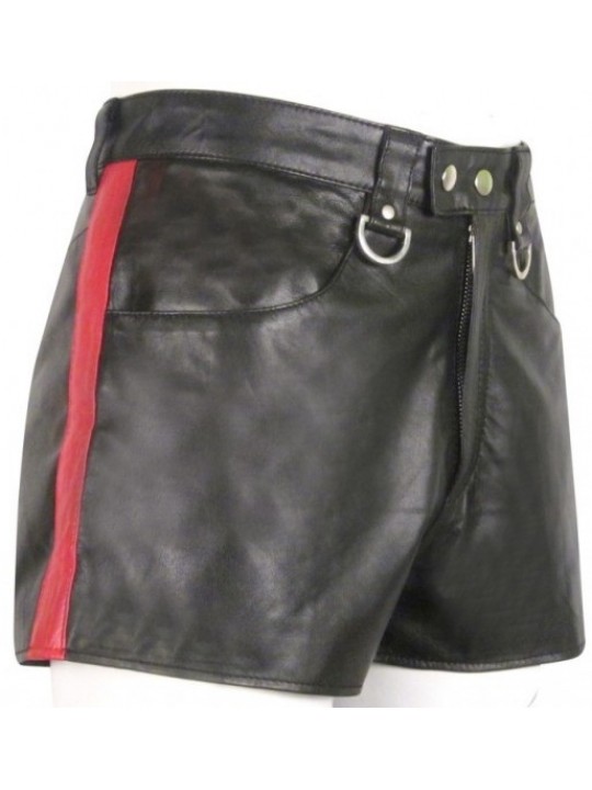 Mens Hot Red Strip Real Sheepskin Black Leather Shorts