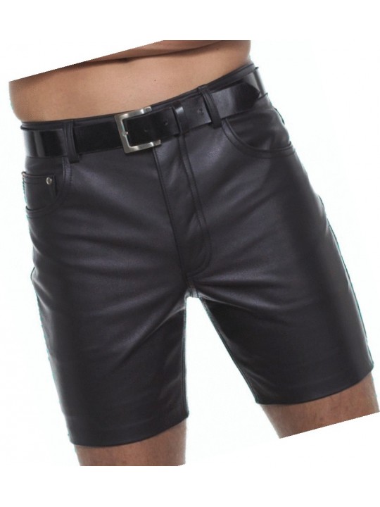 Mens Knee Length Slim Fitted Real Sheepskin Black Leather Shorts