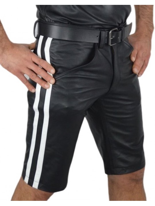 Mens Knee long White Strips Real Sheepskin Black Leather Shorts