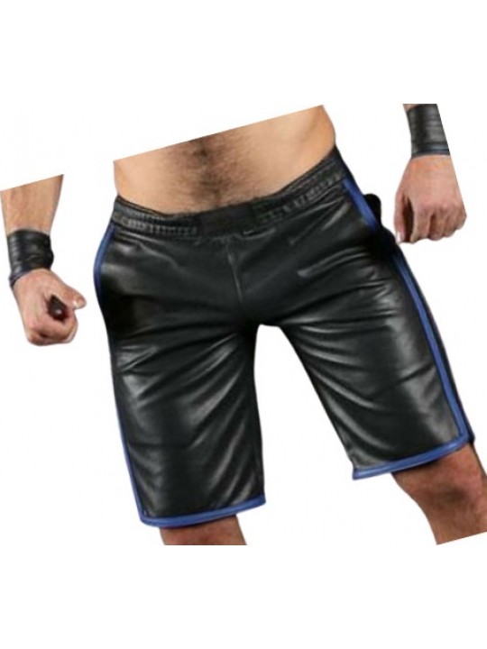 Mens Real Lamb Black Leather Basketball Shorts With Blue Strips