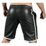Mens Real Lamb Black Leather Basketball Shorts With White Strips
