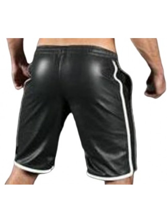 Mens Real Lamb Black Leather Basketball Shorts With White Strips