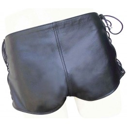 Mens Side Lace Up Real Sheepskin Black Leather Shorts 