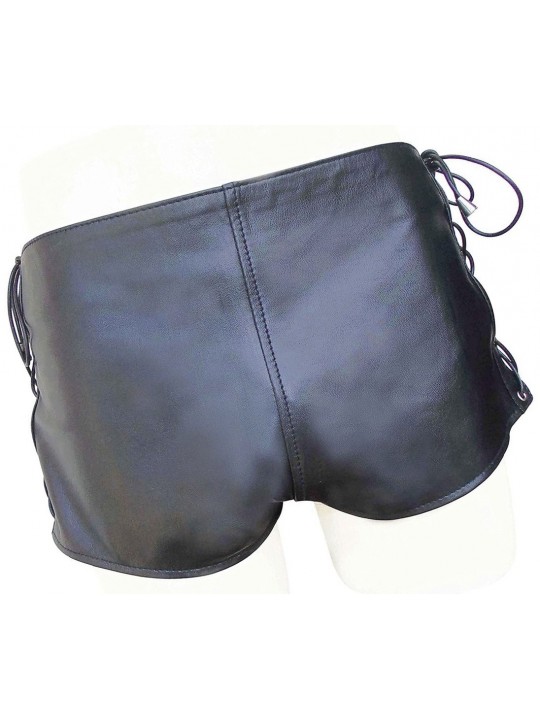 Mens Side Lace Up Real Sheepskin Black Leather Shorts