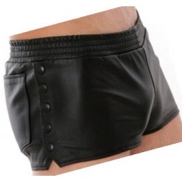 Mens Side Snap Buttons Closure Real Sheepskin Black Leather Shorts 