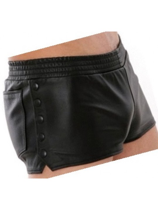 Mens Side Snap Buttons Closure Real Sheepskin Black Leather Shorts