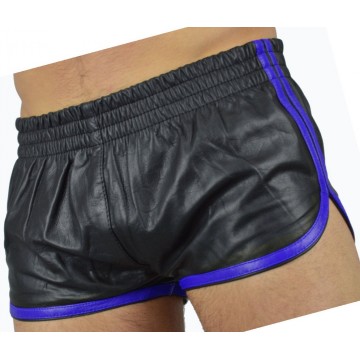 Mens Sports Blue Strips Real Sheepskin Black Leather Shorts 