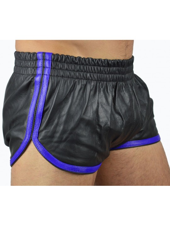 Mens Sports Blue Strips Real Sheepskin Black Leather Shorts