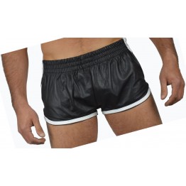 Mens Sports White Strips Real Sheepskin Black Leather Shorts 
