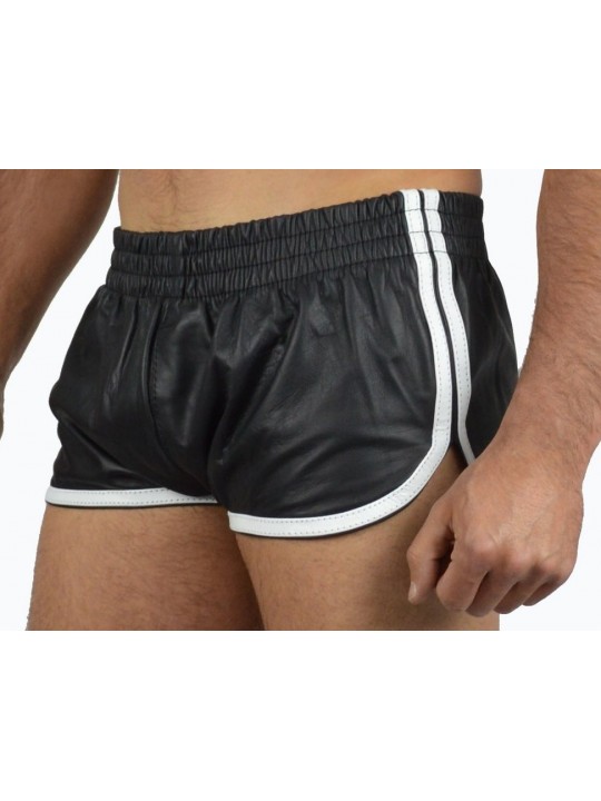Mens Sports White Strips Real Sheepskin Black Leather Shorts