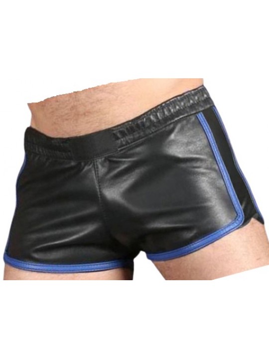 Mens Sports Gym Real Sheepskin Black Leather Blue Strips Shorts