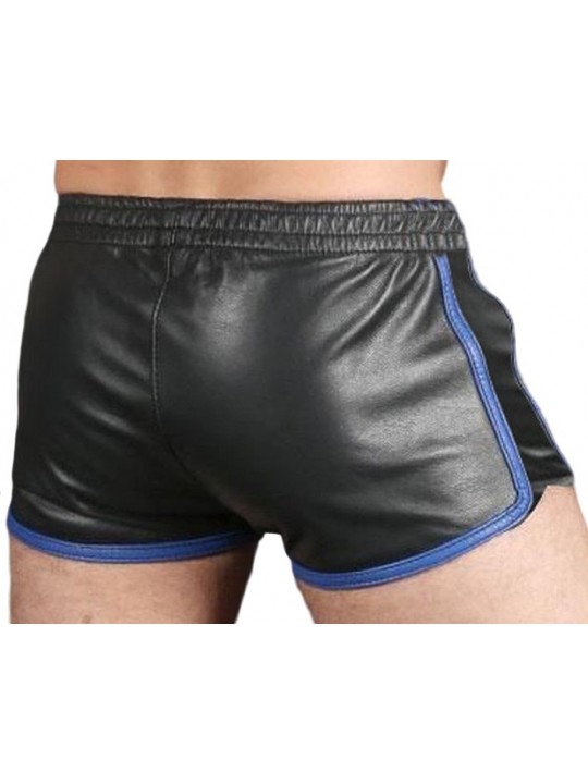 Mens Sports Gym Real Sheepskin Black Leather Blue Strips Shorts