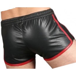 Mens Sports Gym Real Sheepskin Black Leather Red Strips Shorts