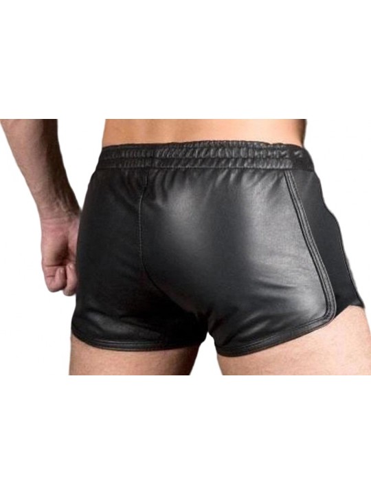 Mens Sports Gym Real Sheepskin Black Leather Shorts