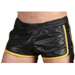 Mens Sports Gym Real Sheepskin Black Leather Yellow Strips Shorts