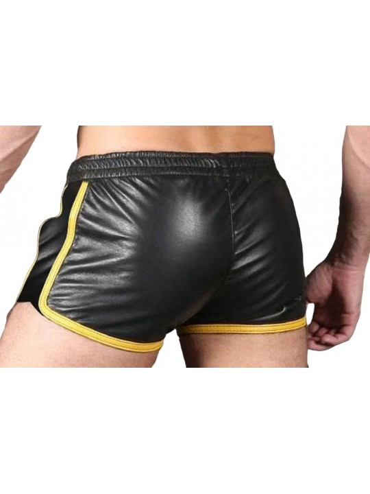 Mens Sports Gym Real Sheepskin Black Leather Yellow Strips Shorts