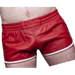 Mens Sports Gym Real Sheepskin Red Leather White Strips Shorts