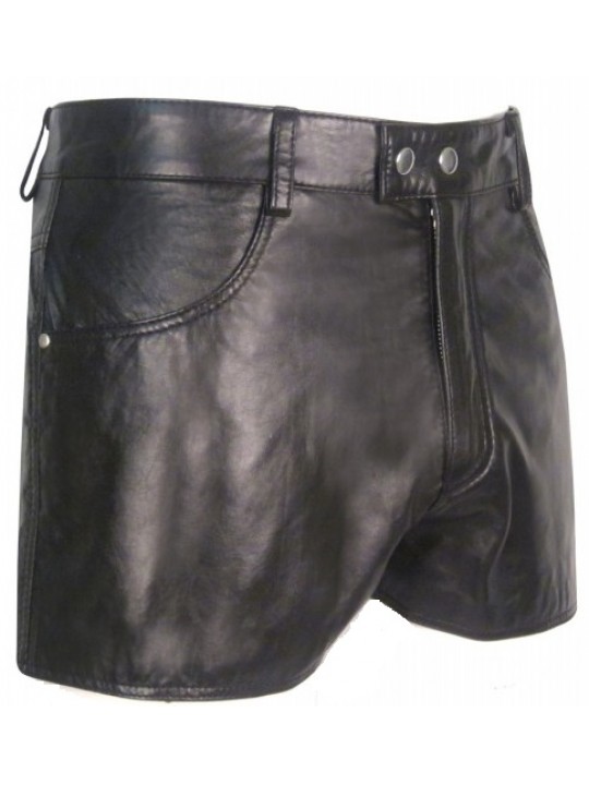 Mens Street Wear Real Sheepskin Black Leather Shorts