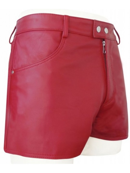 Mens Street Wear Real Sheepskin Red Leather Shorts