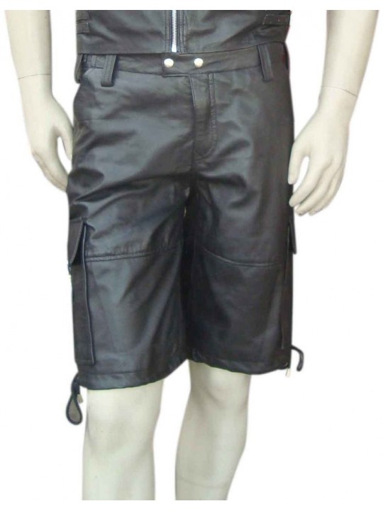 Mens Stylish Real Sheepskin Black Leather Cargo Shorts