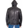 Men's Quilted Shoulder Style Black Leather Hooded Jacket