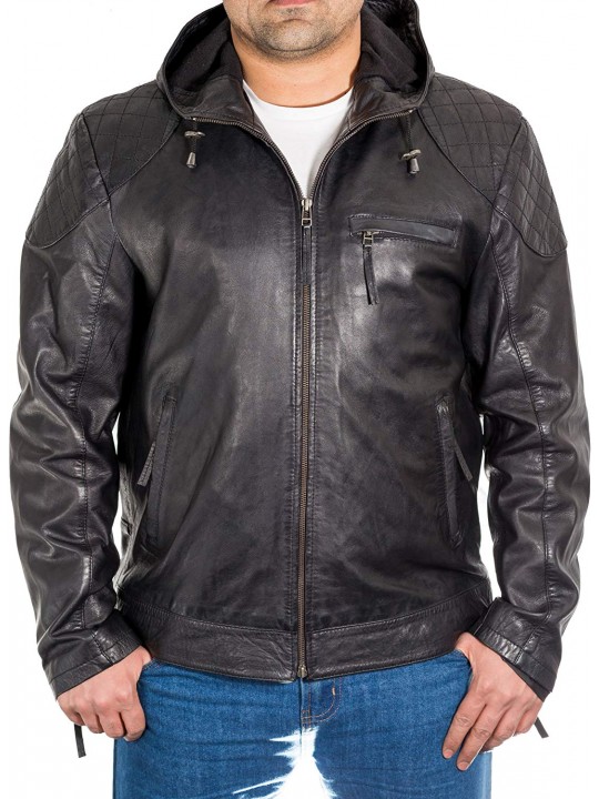 Mens Quilted Shoulder Style Black Leather Hooded Jacket