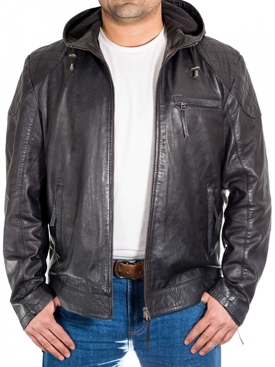Mens Quilted Shoulder Style Black Leather Hooded Jacket
