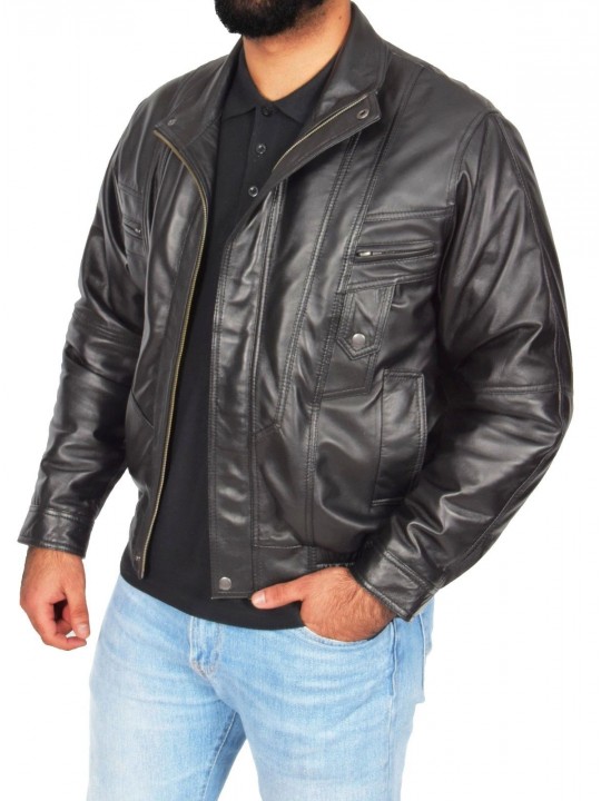 Mens Classic Fit Casual Style Soft Black Leather Bomber Jacket