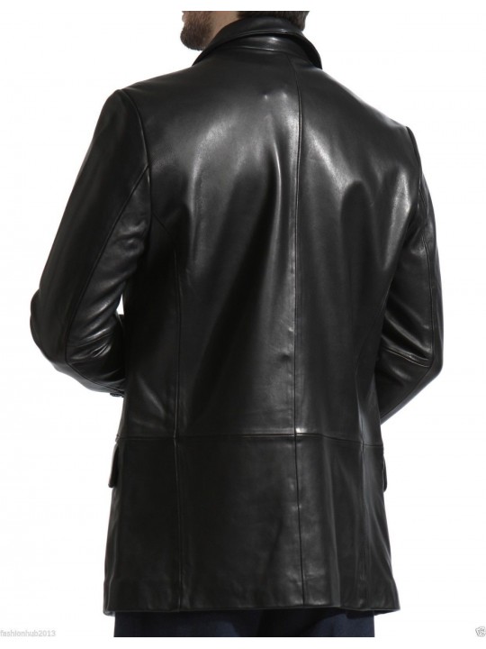 Mens Long Real Black Leather Blazer Coat